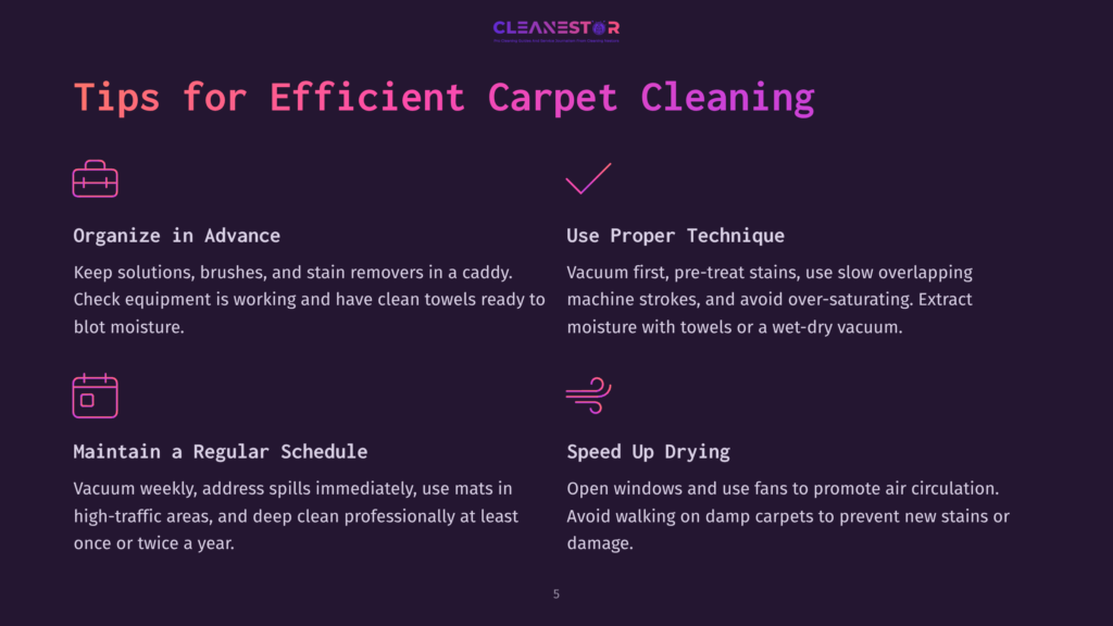 Cleanestor Carpet Cleaning Tips: Organize In Advance, Use Proper Technique, Maintain A Regular Schedule, And Speed Up Drying. The Graphic Has Dark Purple Background With White And Pink Text.