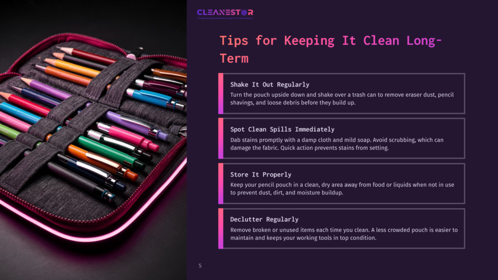 A Dark Grey Pencil Case Lies Open, Revealing A Vibrant Collection Of Colored Pencils, Pens, And Markers Neatly Organized In Elastic Loops. The Case Has A Neon Pink Trim And Is Set Against A Dark Purple Background With The Cleanestor Logo And Cleaning Tips.