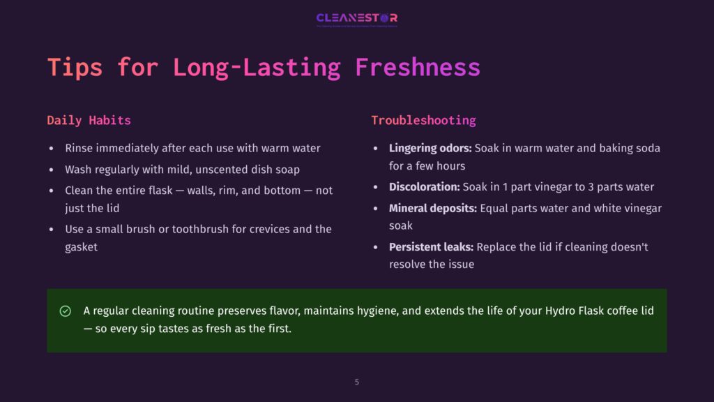 5 Tips For Long Lasting Freshness A Webpage With The Title &Quot;Tips For Long-Lasting Freshness&Quot; Displays A Hydro Flask Coffee Lid Care Guide, Featuring Tips Such As Rinsing With Warm Water, Soaking For Odors, And Troubleshooting Discoloration And Leaks.