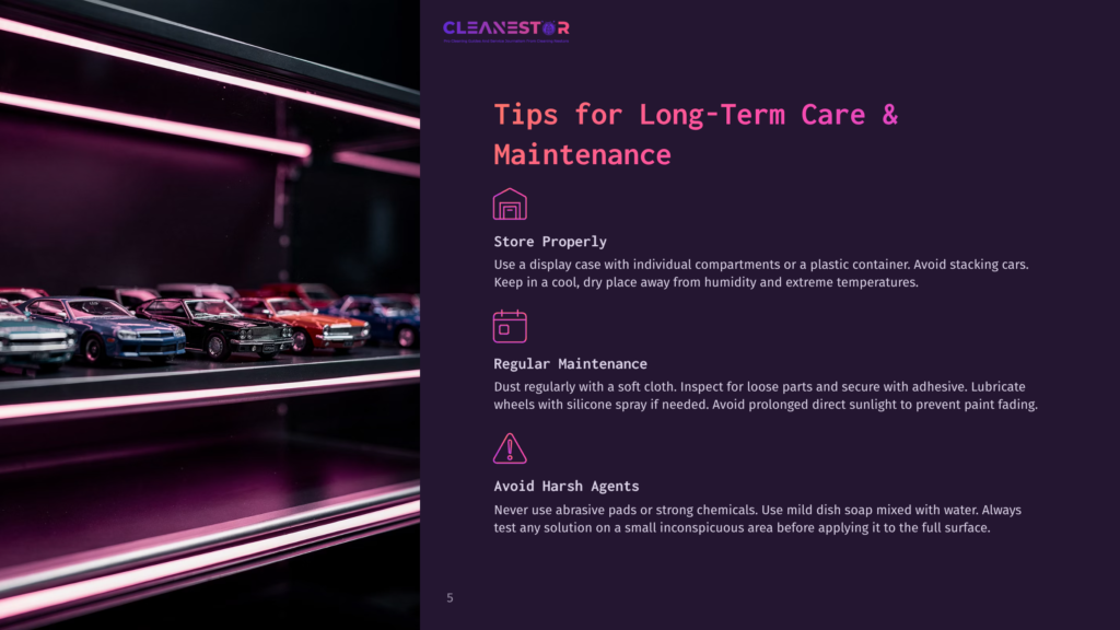 A Display Case With Several Model Cars Under A Purple Neon Light. Text Reads, &Quot;Tips For Long-Term Care &Amp; Maintenance.&Quot; It Suggests Storing Properly, Regular Maintenance, And Avoiding Harsh Agents.