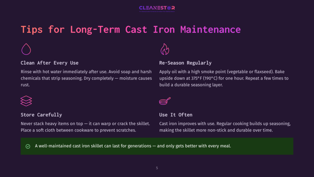 5 Tips For Long Term Cast Iron Maintenance Tips For Long-Term Cast Iron Maintenance: Clean After Every Use, Re-Season Regularly, Store Carefully, And Use It Often. A Well-Maintained Cast Iron Skillet Lasts For Generations.