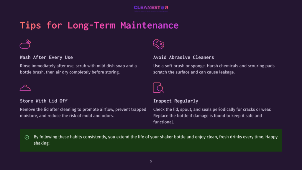 Infographic With Text: &Quot;Tips For Long-Term Maintenance.&Quot; Sections Include &Quot;Wash After Every Use,&Quot; &Quot;Avoid Abrasive Cleaners,&Quot; &Quot;Store With Lid Off,&Quot; And &Quot;Inspect Regularly.