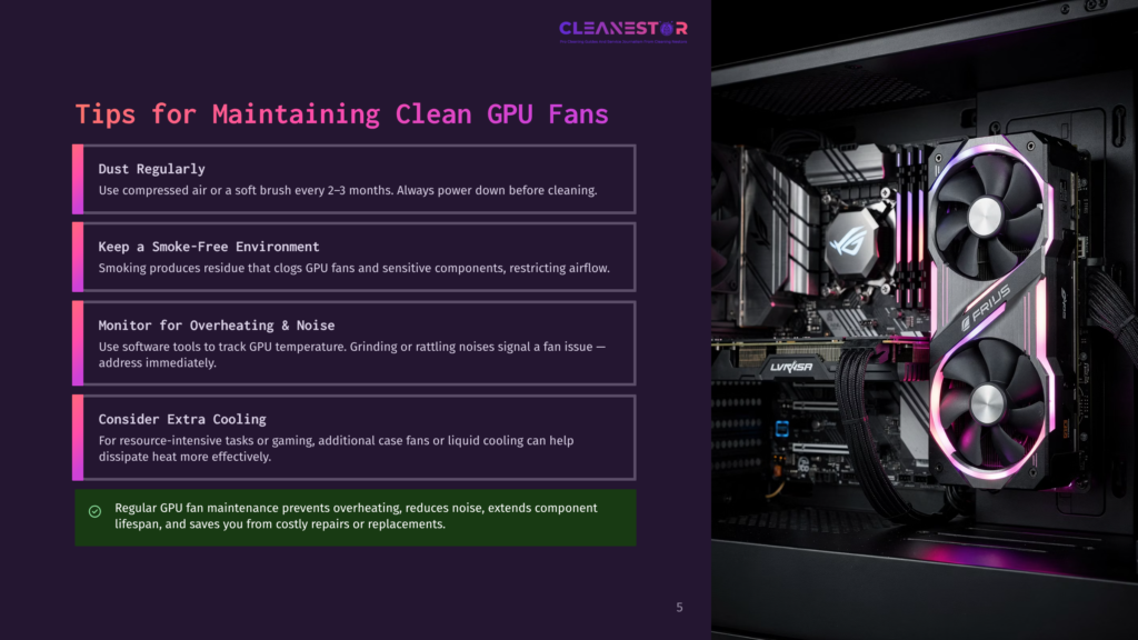 A Close-Up Of The Internal Components Of A Computer, Focusing On Gpu Fans With A Background Of A Motherboard And Other Electronic Parts. Tips For Maintaining Clean Gpu Fans Are Displayed On A Purple Background.