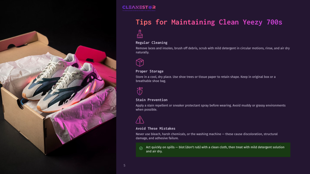 Two Nike Yeezy 700 Sneakers Are Displayed In A Box With Crumpled Tissue Paper. The Shoes Are A Mix Of Grey, White, And Teal With Orange Accents. Text On The Right Provides Tips For Maintaining Clean Yeezy 700S, Including Cleaning, Storage, And Stain Prevention.