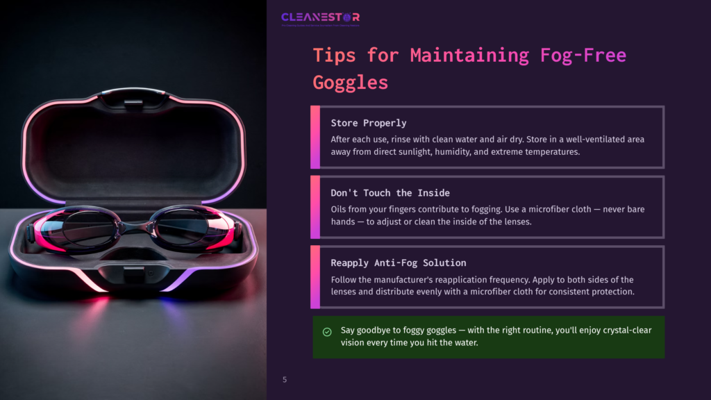 Black Swimming Goggles With Pink Accents Sit Open In A Black And Pink Charging Case, With Text Overlay Offering Tips For Maintaining Fog-Free Goggles.