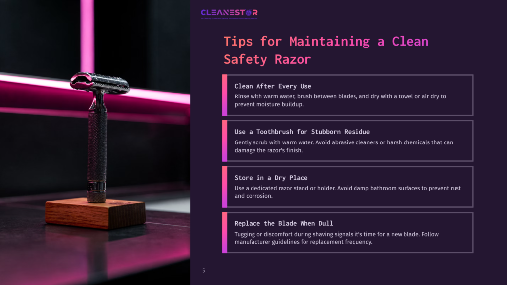 5 Tips For Maintaining A Clean Safety Razor A Sleek, Black Safety Razor With A Textured Handle Rests On A Wooden Stand, Illuminated By Vibrant Pink Neon Lights Against A Dark, Reflective Surface. The Image Is Part Of A &Quot;Cleanestor&Quot; Presentation On Maintaining A Clean Safety Razor.