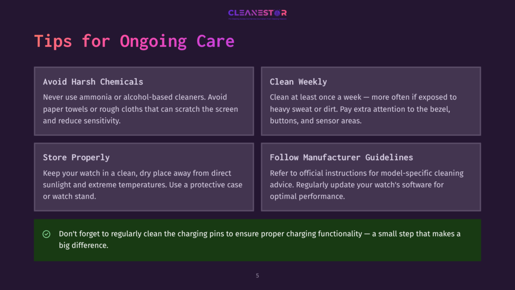Tips For Ongoing Care Of A Watch, Including Avoiding Harsh Chemicals, Cleaning Weekly, Storing Properly, And Following Manufacturer Guidelines. The Background Is Dark With Text Boxes And An Infographic Style.