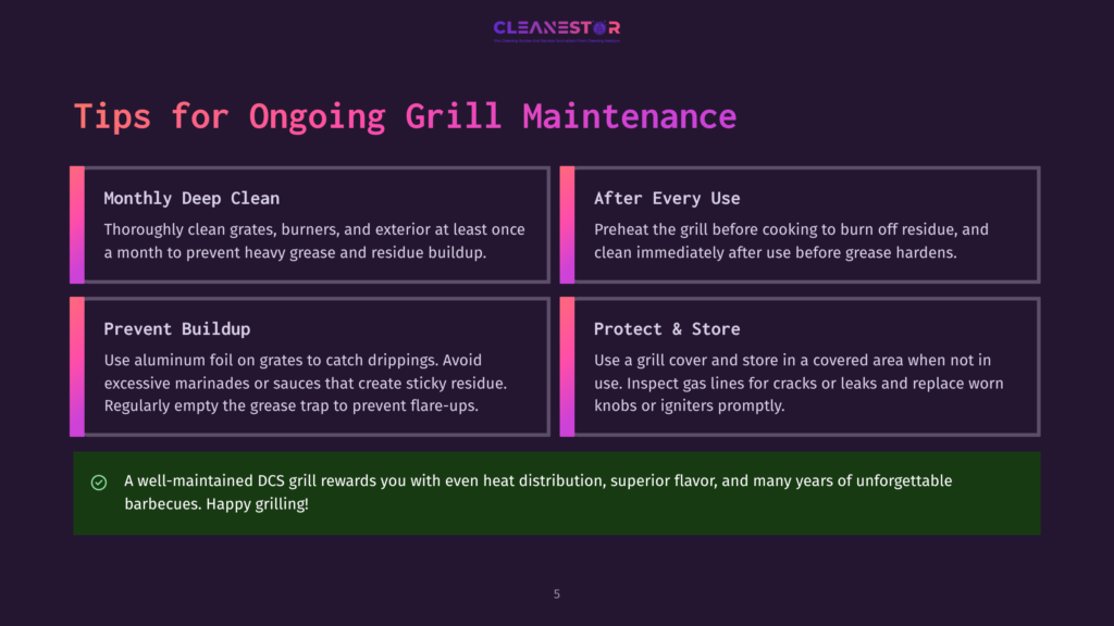 Infographic Showing Tips For Ongoing Grill Maintenance, Including Deep Cleaning, Preheating, Preventing Buildup, And Protecting The Grill. The Text Reads: 'Monthly Deep Clean: Thoroughly Clean Grates, Burners, And Exterior At Least Once A Month To Prevent Heavy Grease And Residue Buildup. After Every Use: Preheat The Grill Before Cooking To Burn Off Residue, And Clean Immediately After Use Before Grease Hardens. Prevent Buildup: Use Aluminum Foil On Grates To Catch Drippings. Avoid Excessive Marinades Or Sauces That Create Sticky Residue. Regularly Empty The Grease Trap To Prevent Flare-Ups. Protect &Amp; Store: Use A Grill Cover And Store In A Covered Area When Not In Use. Inspect Gas Lines For Cracks Or Leaks And Replace Worn Knobs Or Igniters Promptly. A Well-Maintained Dcs Grill Rewards You With Even Heat Distribution, Superior Flavor, And Many Years Of Unforgettable Barbecues. Happy Grilling!