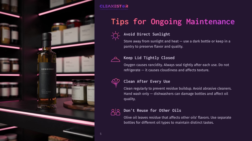 5 Tips For Ongoing Maintenance A Bottle Of Bonorme Olive Oil Sits On A Shelf Next To Other Bottles, With Neon Pink Lights Illuminating The Scene. Text On The Right Provides Tips For Ongoing Maintenance Of Oils, Including &Quot;Avoid Direct Sunlight&Quot; And &Quot;Keep Lid Tightly Closed.