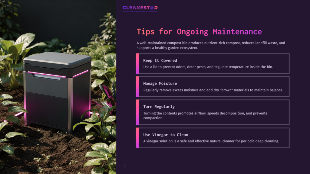 5 Tips For Ongoing Maintenance 3 A Modern, Dark Grey Compost Bin With Glowing Pink Led Accents Sits In A Lush Garden Bed, Surrounded By Green Plants. Text On The Right Reads: &Quot;Cleanestor,&Quot; &Quot;Tips For Ongoing Maintenance,&Quot; &Quot;Keep It Covered,&Quot; &Quot;Manage Moisture,&Quot; &Quot;Turn Regularly,&Quot; And &Quot;Use Vinegar To Clean.