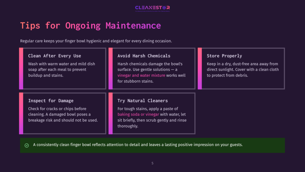 5 Tips For Ongoing Maintenance 4 Infographic With Tips For Ongoing Finger Bowl Maintenance: Clean After Every Use, Avoid Harsh Chemicals, Store Properly, Inspect For Damage, And Try Natural Cleaners. Text Includes &Quot;Cleanestor&Quot; Logo.