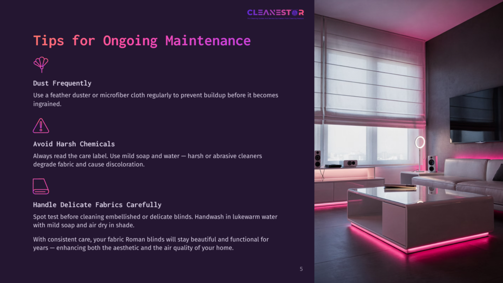 5 Tips For Ongoing Maintenance 5 Modern Living Room With Red Lighting And White Furniture, Displaying Tips For Ongoing Maintenance Of Fabric Roman Blinds.