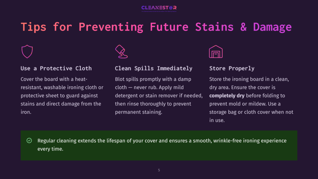 5 Tips For Preventing Future Stains And Damage Infographic On Tips For Preventing Future Stains And Damage With Three Sections. The First Section, &Quot;Use A Protective Cloth,&Quot; Shows Covering The Board With A Heat-Resistant, Washable Ironing Cloth Or Protective Sheet. The Second Section, &Quot;Clean Spills Immediately,&Quot; Advises Blotting Spills With A Damp Cloth, Using Mild Detergent Or Stain Remover, And Rinsing Thoroughly. The Third Section, &Quot;Store Properly,&Quot; Suggests Drying The Board Completely Before Folding And Storing It In A Clean, Dry Area To Prevent Mold Or Mildew.