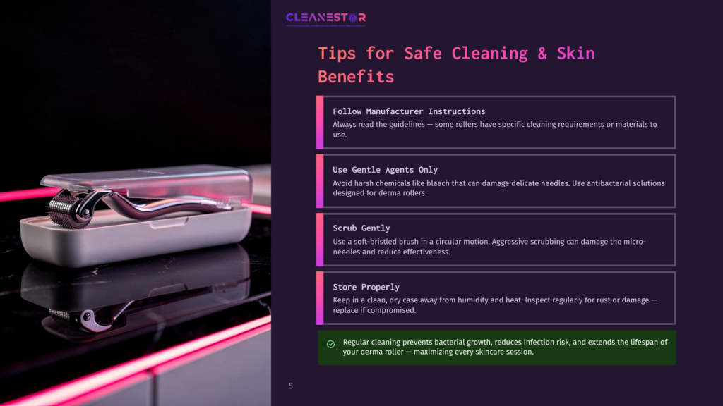 5 Tips For Safe Cleaning And Skin Benefits Close-Up Of A Derma Roller With A Silver Handle And Roller Head, Resting In Its Clear Plastic Case On A Reflective Dark Surface. Text Overlay Reads &Quot;Cleanestor&Quot; And &Quot;Tips For Safe Cleaning &Amp; Skin Benefits&Quot;.