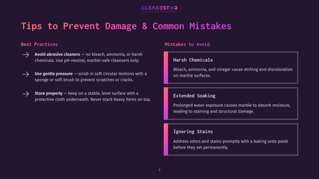 Infographic Titled &Quot;Tips To Prevent Damage &Amp; Common Mistakes&Quot; With Two Columns: &Quot;Best Practices&Quot; (Avoid Abrasive Cleaners, Use Gentle Pressure, Store Properly) And &Quot;Mistakes To Avoid&Quot; (Harsh Chemicals, Extended Soaking, Ignoring Stains).