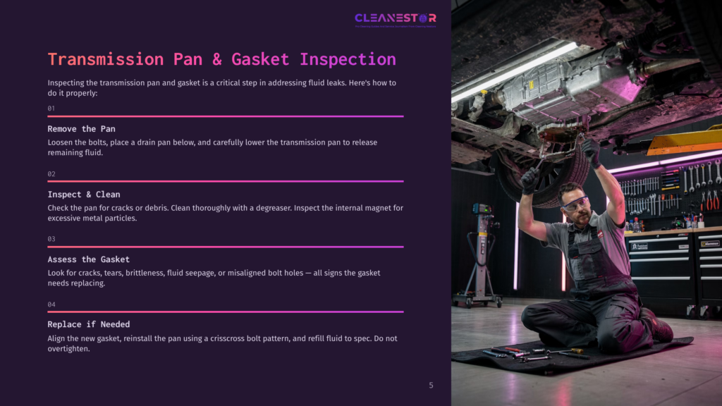 Mechanic Inspects A Car'S Transmission Pan And Gasket, Holding A Tool. Text Overlay: &Quot;Cleanestor Transmission Pan &Amp; Gasket Inspection.