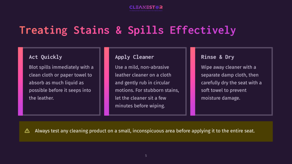 Infographic With Three Panels Detailing How To Treat Stains And Spills On Leather Seats: Act Quickly, Apply Cleaner, And Rinse &Amp; Dry. Text Advises Blotting Spills, Using Mild Cleaners, And Drying Thoroughly.