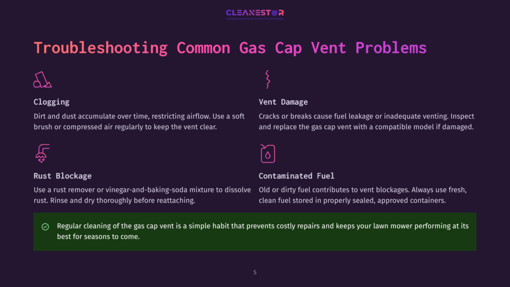 Troubleshooting Common Gas Cap Vent Problems: Clogging, Vent Damage, Rust Blockage, And Contaminated Fuel Are Explained With Icons And Text.