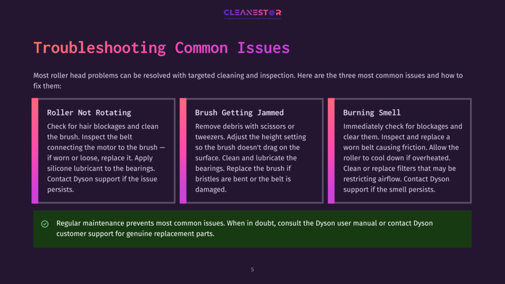 A Webpage Titled &Quot;Troubleshooting Common Issues&Quot; Displays Three Sections: &Quot;Roller Not Rotating,&Quot; &Quot;Brush Getting Jammed,&Quot; And &Quot;Burning Smell.&Quot; Each Section Outlines Steps To Resolve Common Dyson Vacuum Problems. An Additional Section At The Bottom Provides A Tip On Regular Maintenance And Support.