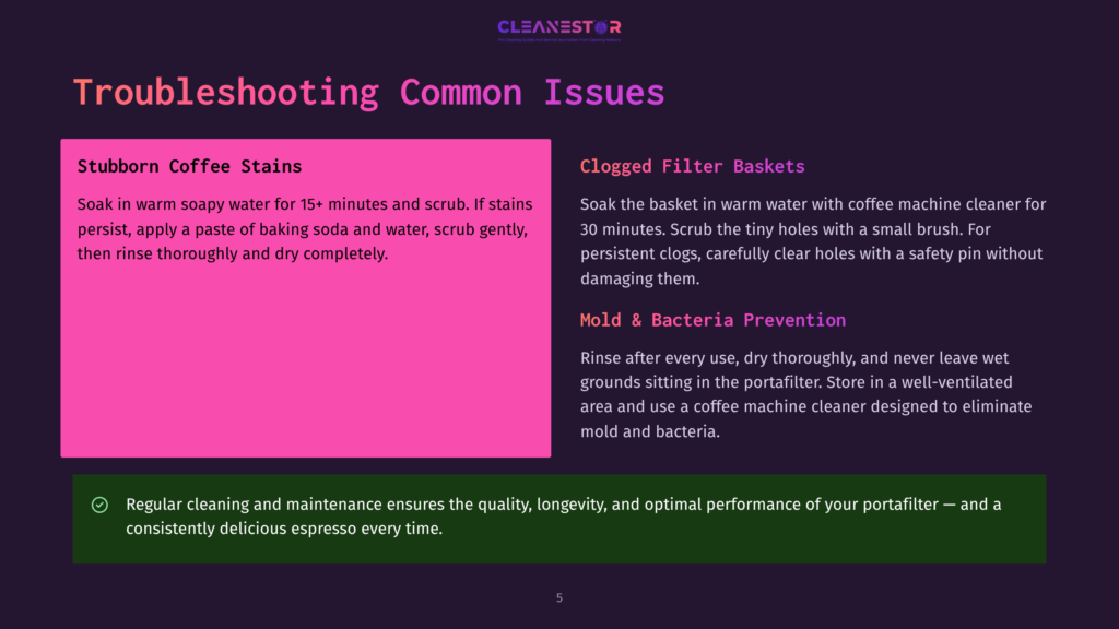 Troubleshooting Common Coffee Machine Issues: Stubborn Stains, Clogged Filter Baskets, And Mold Prevention Tips On A Purple And Pink Background.