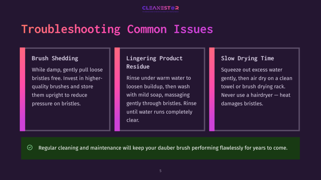 5 Troubleshooting Common Issues 5 Troubleshooting Common Issues With Dauber Brushes: Brush Shedding, Lingering Product Residue, And Slow Drying Time. Includes Tips For Proper Cleaning And Maintenance.