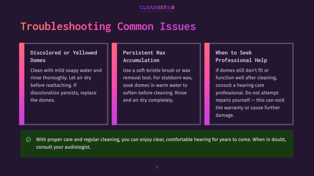 An Infographic With A Purple Background Displays Three Sections Titled &Quot;Discolored Or Yellowed Domes,&Quot; &Quot;Persistent Wax Accumulation,&Quot; And &Quot;When To Seek Professional Help.&Quot; Each Section Provides Troubleshooting Advice And Tips For Maintaining Hearing Aid Domes.