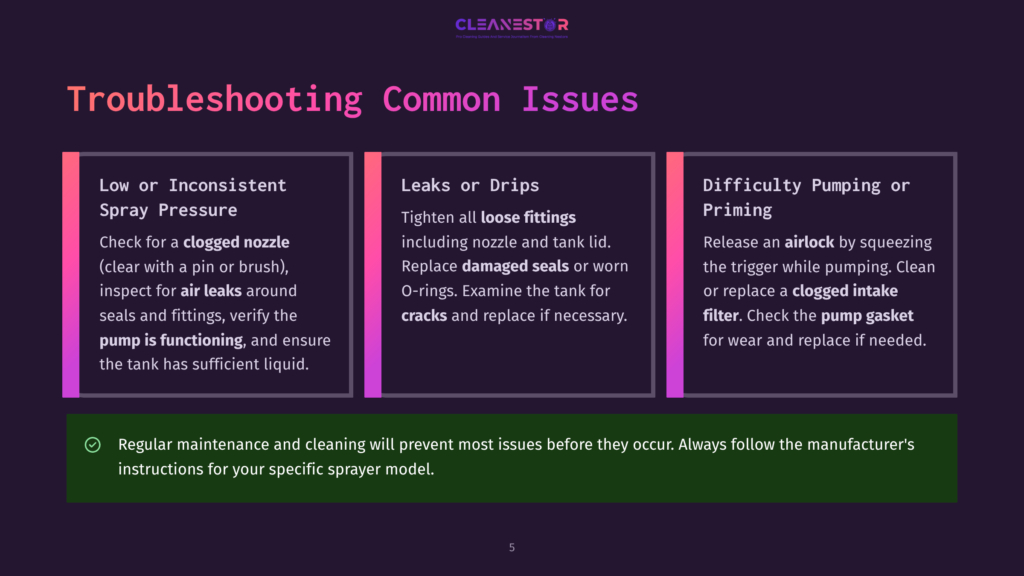 Troubleshooting Common Issues With Sprayers: Low Pressure, Leaks, And Pumping Difficulty. Includes Tips For Air Leaks, Clogged Nozzles, Damaged Seals, And Airlocks.