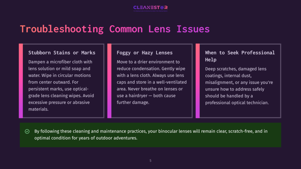 Troubleshooting Common Lens Issues: Stubborn Stains, Foggy/Hazy Lenses, And When To Seek Professional Help. Includes Cleaning Tips And Advice.