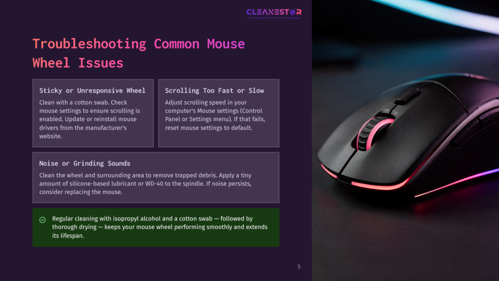 5 Troubleshooting Common Mouse Wheel Issues Troubleshooting Common Mouse Wheel Issues: A Black Gaming Mouse With Rgb Lighting Sits On A Dark Surface. Text Boxes Detail Sticky, Unresponsive, Or Too Fast Scrolling Problems And Solutions.