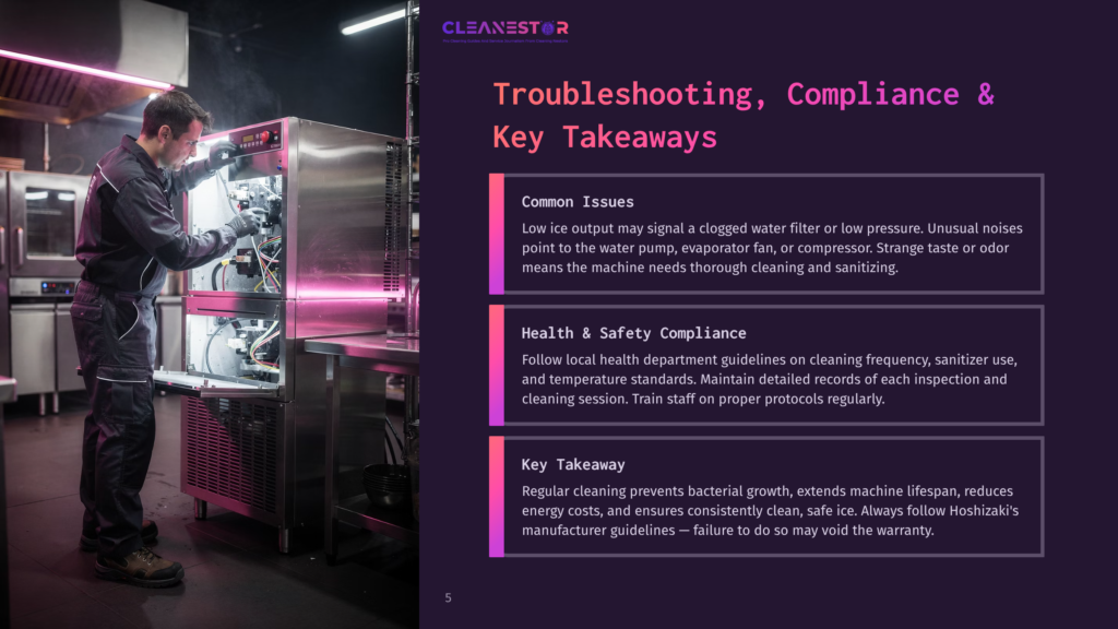 A Technician In A Dark Uniform Works On The Internal Components Of A Commercial Ice Machine, Illuminated By Bright Pink And Purple Led Lights. The Text &Quot;Cleanestor&Quot; Is Visible At The Top.