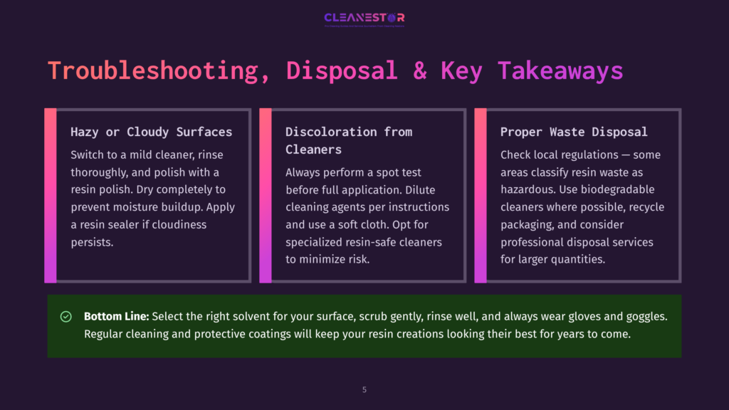 Troubleshooting, Disposal &Amp; Key Takeaways For Resin Art: Hazy/Cloudy Surfaces, Discoloration, And Proper Waste Disposal Tips.