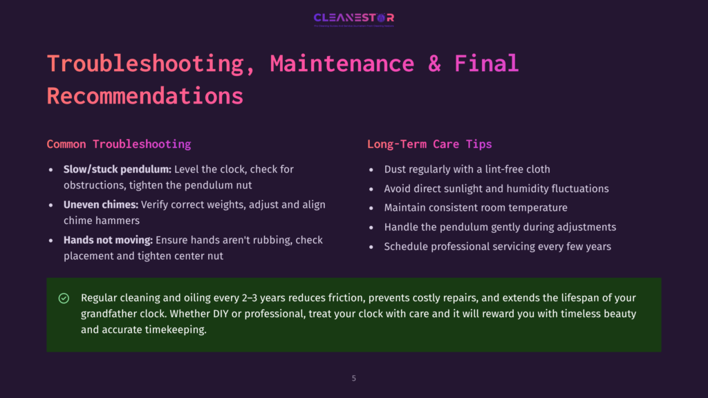 Troubleshooting, Maintenance, And Care Recommendations For Grandfather Clocks, Featuring Sections On Common Issues Like Slow Pendulums And Uneven Chimes, And Long-Term Care Such As Dust Control And Consistent Room Temperature.