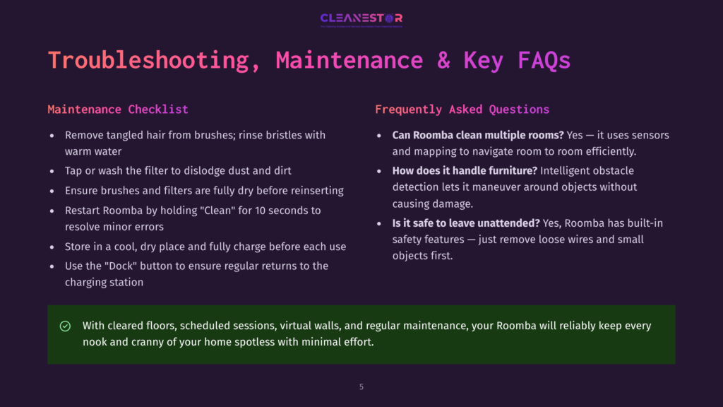 A Webpage With A Purple Background Displays A Maintenance Checklist And Frequently Asked Questions About Roomba Vacuums, Including Tips For Keeping Floors Clean And What To Do If Roomba Encounters Furniture.