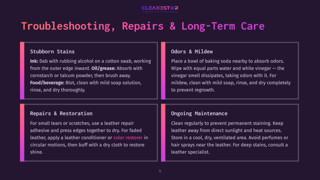 5 Troubleshooting Repairs And Long Term Care Troubleshooting, Repairs &Amp; Long-Term Care For Leather: Stubborn Stains, Odors &Amp; Mildew, Repairs &Amp; Restoration, And Ongoing Maintenance. Includes Advice On Ink, Oil/Grease, Food/Beverage Stains, And General Leather Care.