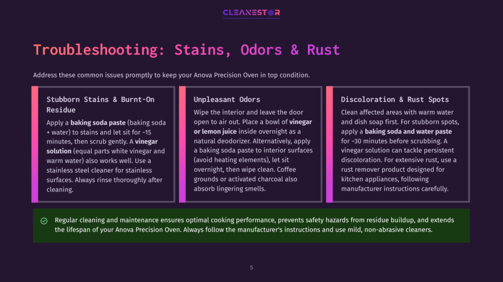 5 Troubleshooting Stains Odors And Rust Troubleshooting: Stains, Odors &Amp; Rust. Tips For Stubborn Stains, Unpleasant Odors, And Discoloration On Ovens, Including Using Vinegar And Baking Soda.