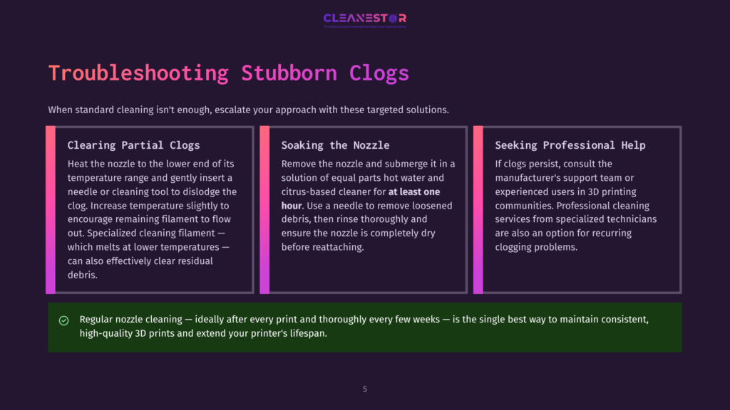 Troubleshooting Stubborn 3D Printer Clogs: Clearing Partial Clogs By Heating The Nozzle, Soaking The Nozzle In Cleaner, And Seeking Professional Help.