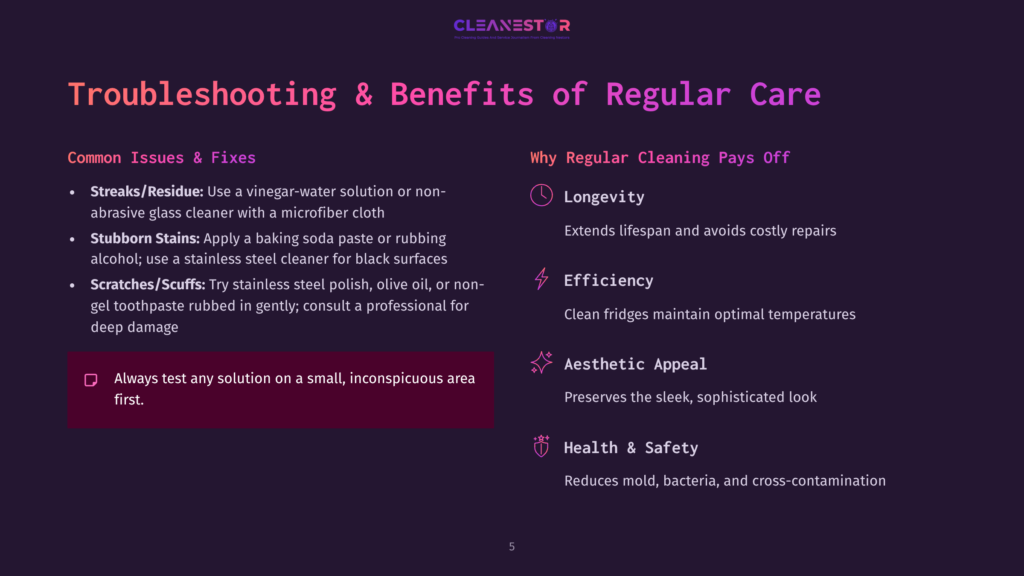 5 Troubleshooting And Benefits Of Regular Care A Slide Titled &Quot;Troubleshooting &Amp; Benefits Of Regular Care&Quot; From Cleanestor, Detailing Common Issues And Fixes For Stainless Steel And Glass, And The Benefits Of Regular Cleaning Like Longevity, Efficiency, Aesthetic Appeal, And Health &Amp; Safety.