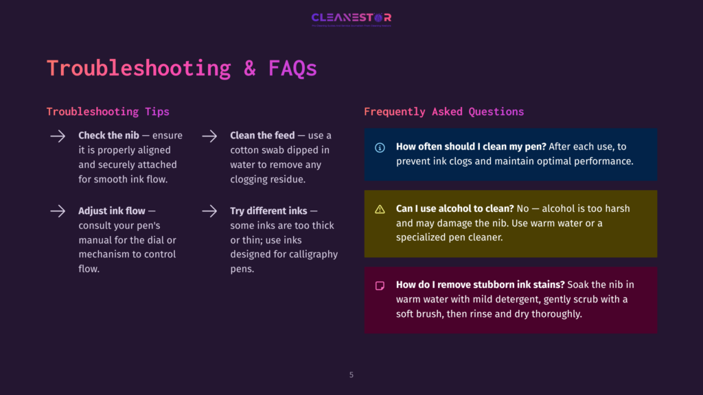 Troubleshooting And Faqs For Cleanestor Pens: Check The Nib, Clean The Feed, Adjust Ink Flow, And Try Different Inks. Learn How Often To Clean Your Pen And If Alcohol Can Be Used For Cleaning.