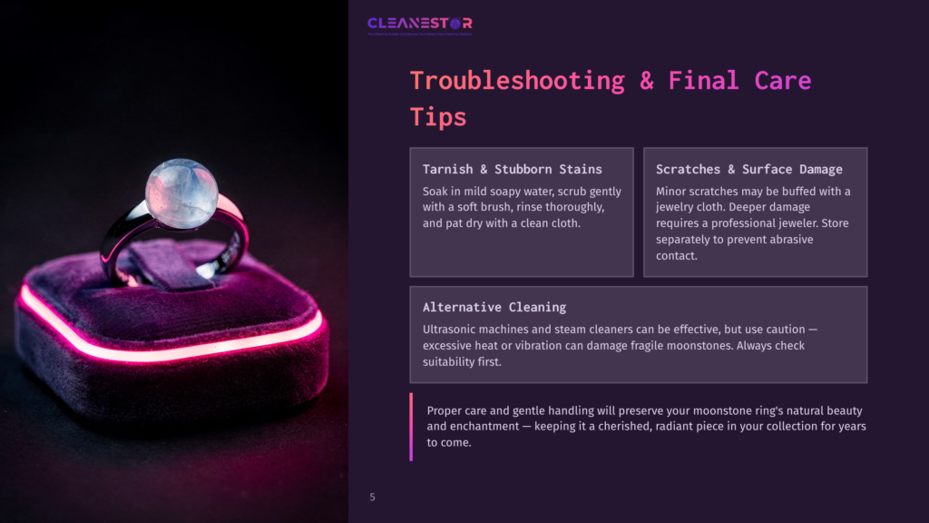 5 Troubleshooting And Final Care Tips A Stunning Moonstone Ring With A Blueish-Grey Stone Rests On A Velvet Ring Box Illuminated By Pink Neon Light. The Image Is Part Of A &Quot;Troubleshooting &Amp; Final Care&Quot; Guide For Jewelry Cleaning.
