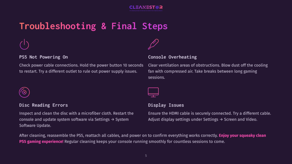 5 Troubleshooting And Final Steps Troubleshooting Steps For Ps5 Issues: Ps5 Not Powering On, Disc Reading Errors, Console Overheating, And Display Issues. Includes Cleaning And Software Update Tips.