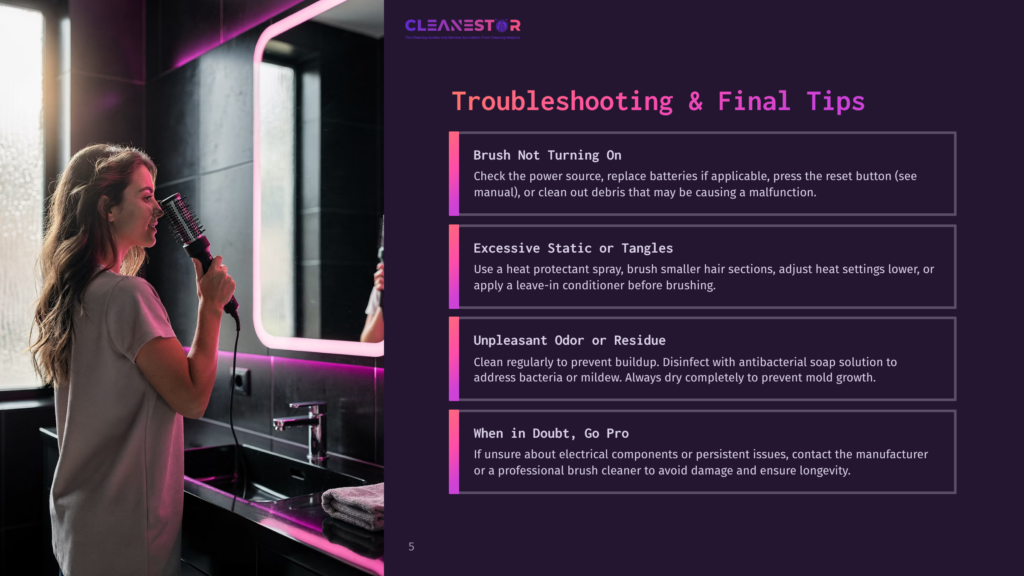 Woman With Long Brown Hair Using A Hair Dryer Brush In A Modern Bathroom With A Large Mirror And Purple Lighting. Text Reads &Quot;Cleanestor Troubleshooting &Amp; Final Tips&Quot;.