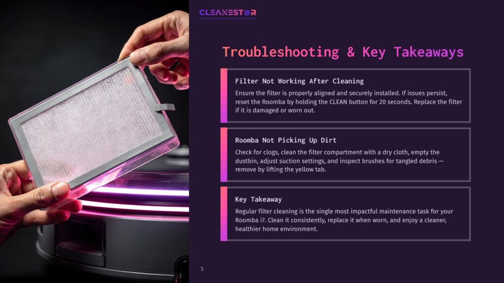 Close-Up Of A Hand Holding A Rectangular, White And Gray Vacuum Filter With A Pink Light Illuminating It From Below. Text On The Right Reads &Quot;Troubleshooting &Amp; Key Takeaways,&Quot; &Quot;Filter Not Working After Cleaning,&Quot; And &Quot;Roomba Not Picking Up Dirt.