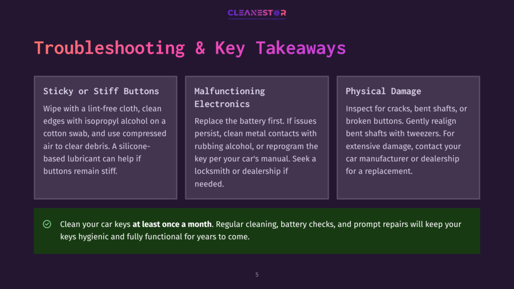 5 Troubleshooting And Key Takeaways Troubleshooting And Key Takeaways For Car Key Issues: Sticky Or Stiff Buttons, Malfunctioning Electronics, And Physical Damage. Includes Tips On Cleaning And Maintenance.
