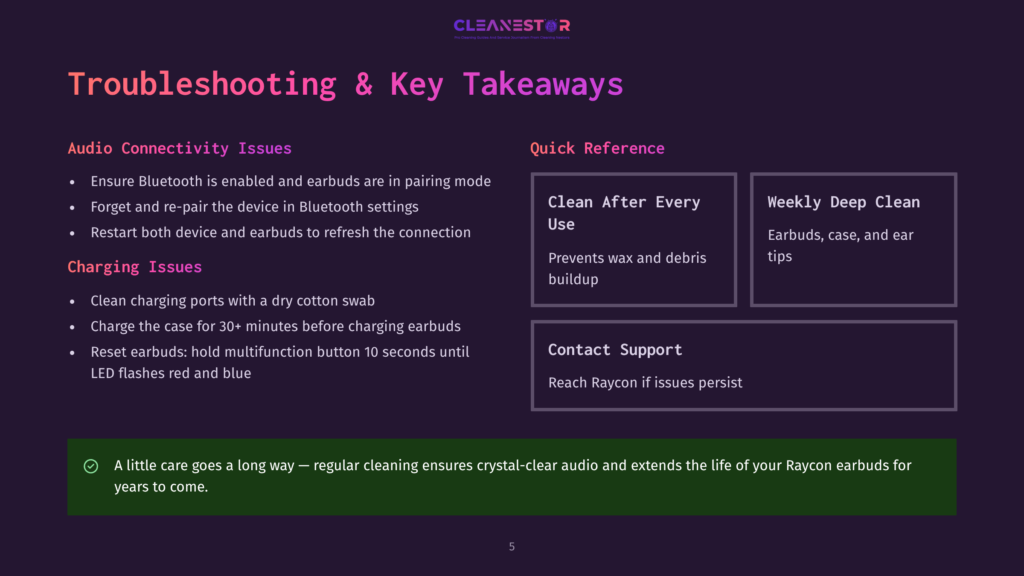 Troubleshooting And Key Takeaways For Cleanestor Earbuds: Audio Connectivity Issues, Charging Issues, Cleaning Tips, And Contact Support. The Image Displays A Dark Purple Background With White And Light Purple Text.