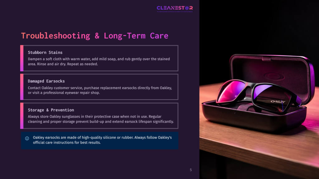 Oakley Sunglasses With Pink And Purple Lenses Sit Open In A Black Case, With Text About Cleaning And Storage For Oakley Eyewear.