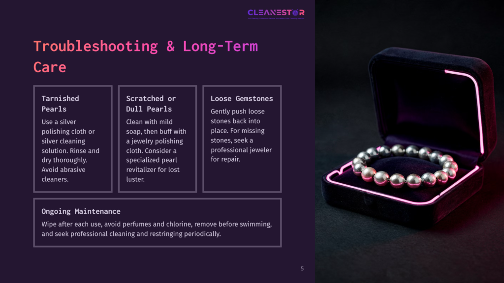 A Silver Pearl Bracelet Rests Inside A Dark Blue Velvet Jewelry Box, Illuminated By A Soft Pink Neon Light. The Image Is Accompanied By Text About Cleaning And Troubleshooting Tarnished, Scratched, Or Dull Pearls.