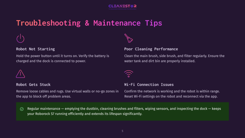Troubleshooting &Amp; Maintenance Tips For Roborock S7 Robot Vacuum: Robot Not Starting, Poor Cleaning Performance, Robot Gets Stuck, Wi-Fi Connection Issues. Includes Regular Maintenance Advice.