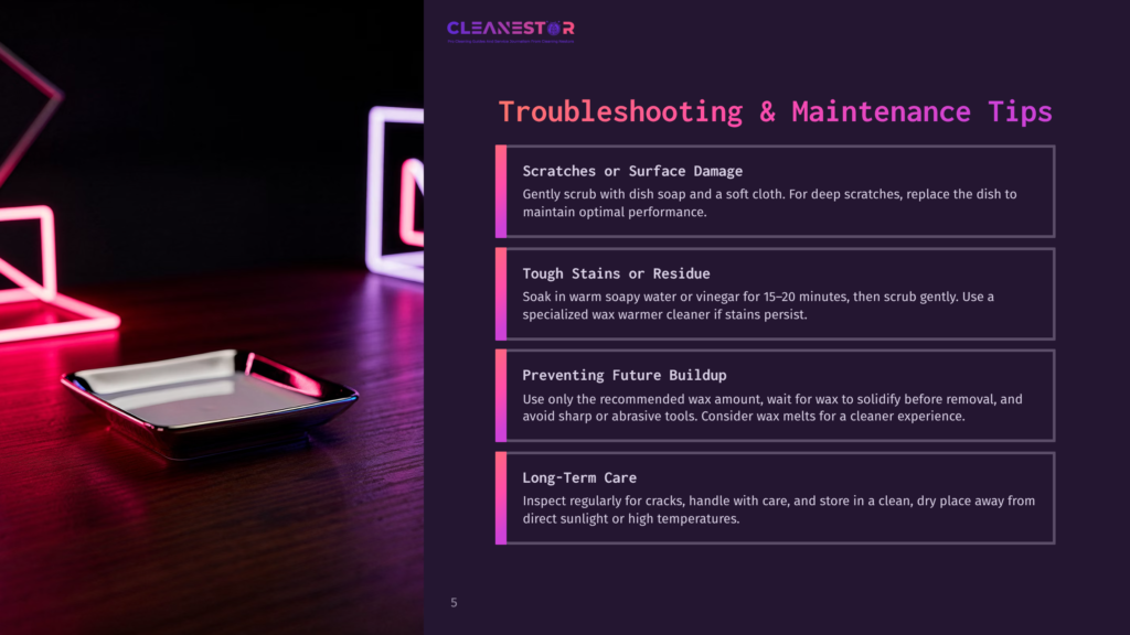 5 Troubleshooting And Maintenance Tips 2 Troubleshooting And Maintenance Tips For Cleanestor Products: Scratches, Tough Stains, Future Buildup, And Long-Term Care. The Page Features A Sleek, Metallic Object In The Foreground Against A Dark, Moody Background With Neon Pink And Blue Light Accents.