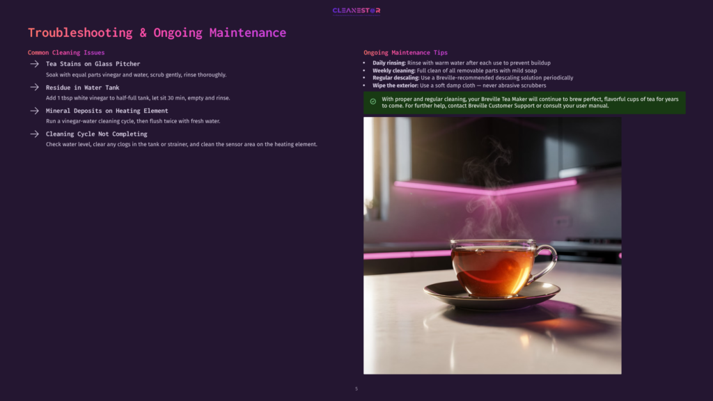 A Steaming Cup Of Tea Sits On A Saucer, With A Breville Tea Maker In The Background, Emitting A Soft Pink Glow. The Tea Maker Displays Text About Troubleshooting And Ongoing Maintenance.