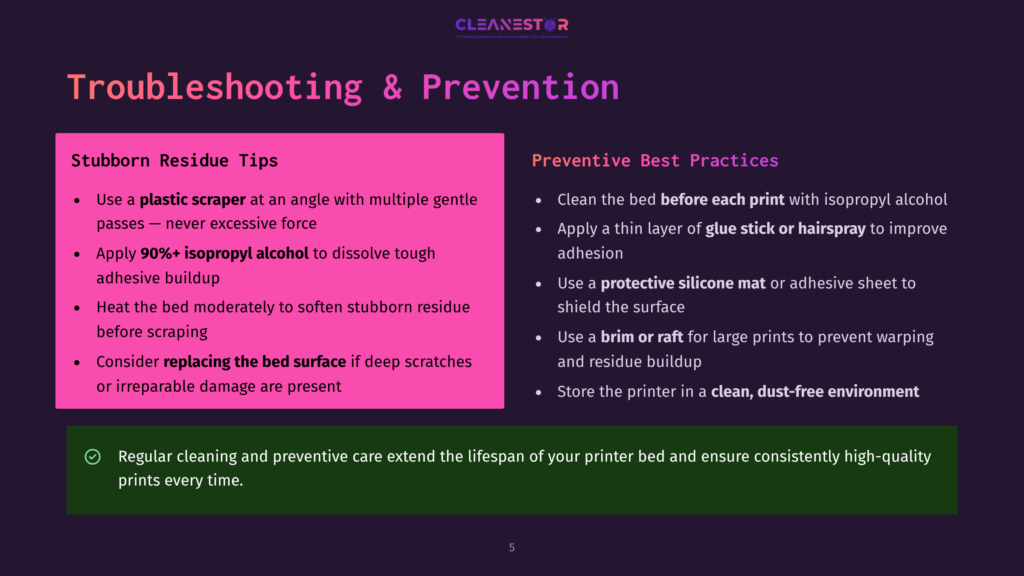 Troubleshooting &Amp; Prevention Slide: Stubborn Residue Tips And Preventive Best Practices For Printer Maintenance, Including Cleaning Methods And Residue Removal.